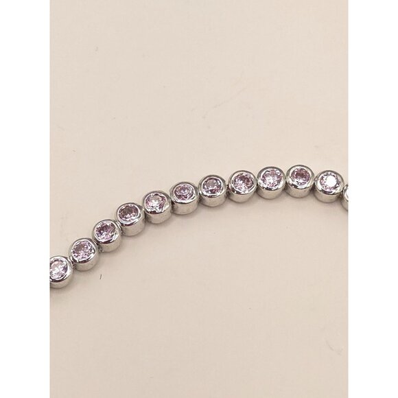 Silver Tone Tennis Bracelet With Pink CZ Stones & Secure Clasp - Picture 9 of 11
